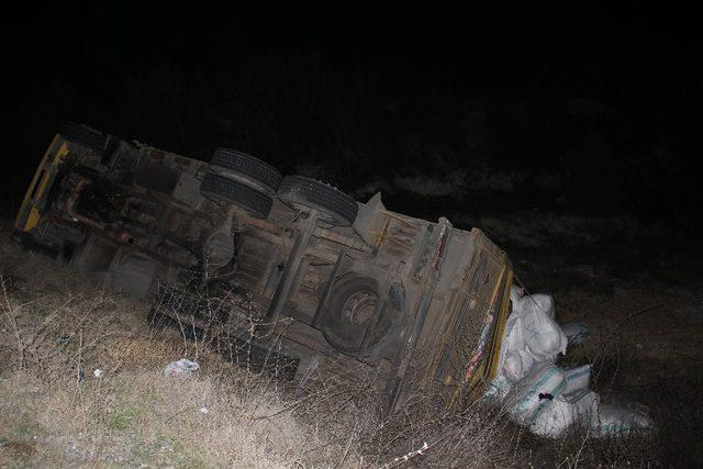 Yoldan çıkan kamyonun sürücüsü hastaneye kaldırıldı