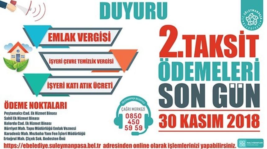 Emlak ve &ccedil;evre temizlik vergisi 2. taksitinde son &ouml;deme tarihi 30 Kasım