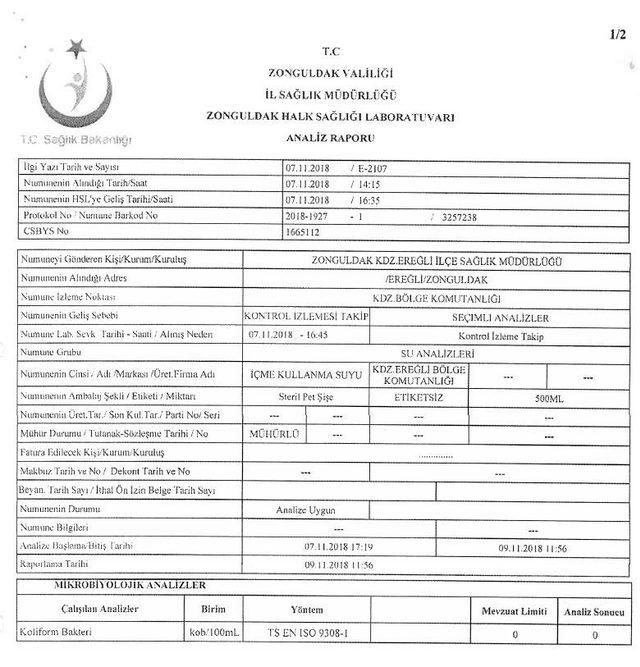 Kdz. Ereğli’de içme suyu temiz çıktı