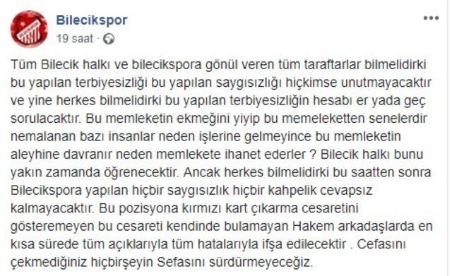 Bilecikspor taraftarlarından hakem Barkın Kara’ya tepki