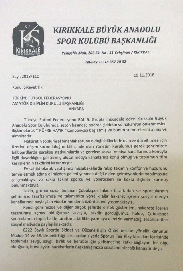 Kırıkkale Büyükanadoluspor, Çubukspor’u TFF’ye şikayet etti