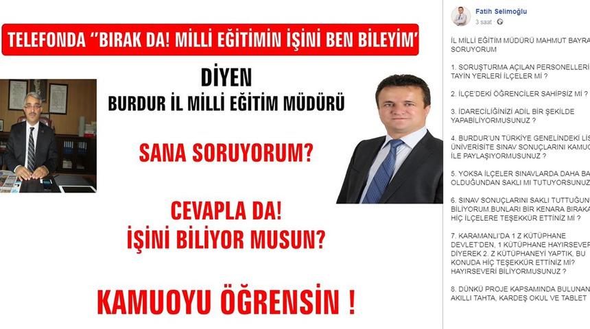 AK Parti'li başkan, İl Milli Eğitim M&uuml;d&uuml;r&uuml;'n&uuml; sosyal medyada eleştirdi