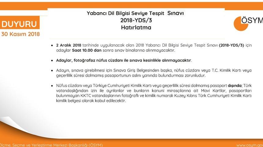 ÖSYM'den, YDS/3 adaylarına 'Saat 10.00'dan sonra sınav binalarına girişe izin verilmeyecek' hatırlatması 