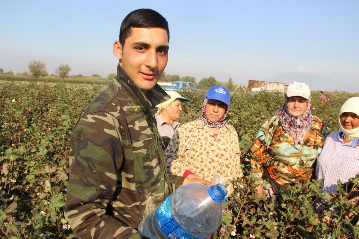 Pamuk iş&ccedil;ilerine maniyle su dağıtıyor