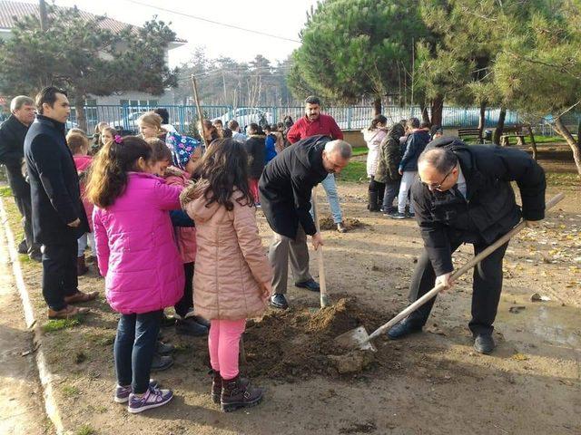 Minik eller okullarının bahçesine fidan dikti