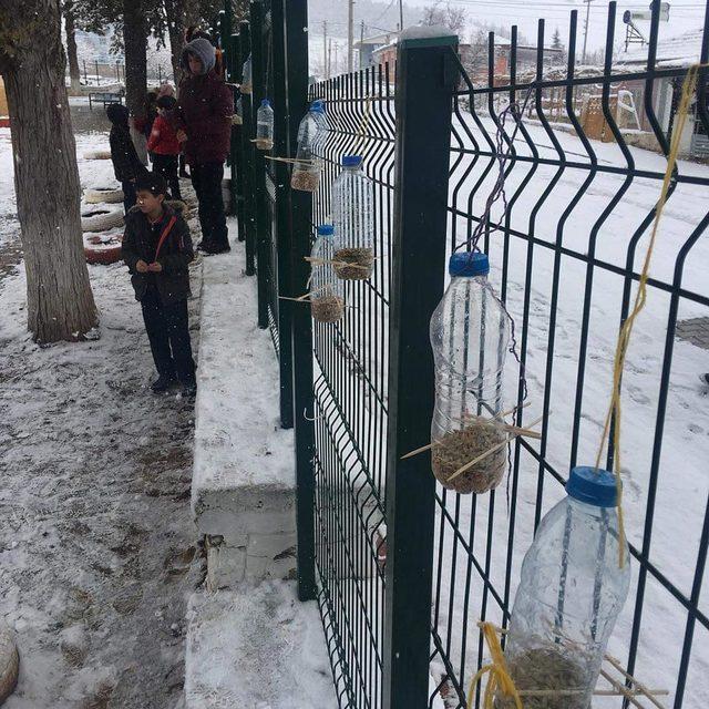 Kuşlar karda beslenebilsin, diye yemlik yaptılar