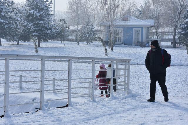 Öğrenciler el ele tutuşup, buz tutan gölet üzerinde yürümeye çalıştı