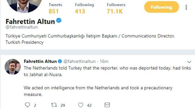 Fahrettin Altun: Hollanda, vatandaşı gazetecinin El Nusra bağlantısı olduğunu söyledi