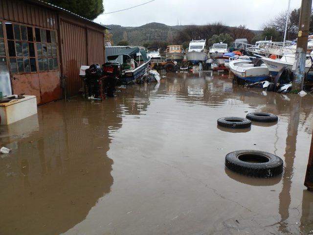 Foça'da şiddetli yağmur; dereler taştı, su baskınları oldu