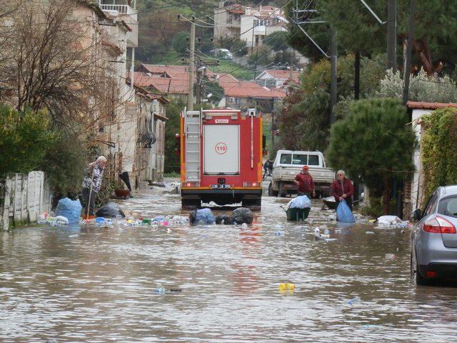 Foça'da şiddetli yağmur; dereler taştı, su baskınları oldu