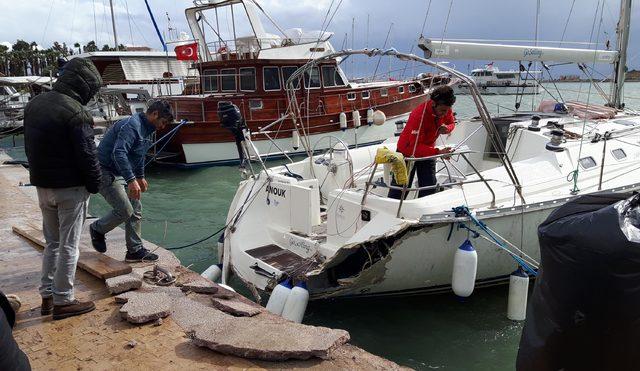 Limanda demirli tekne, fırtınada&nbsp;beton rıhtıma &ccedil;arptı 2