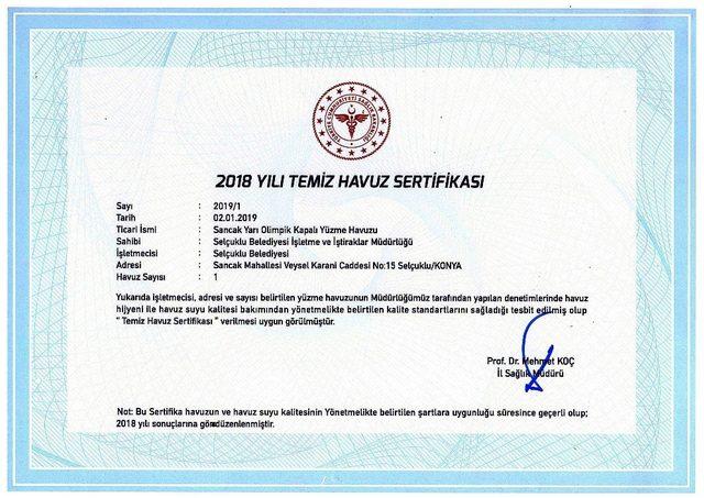 Sancak Yüzme Havuzuna “temiz havuz” sertifikası