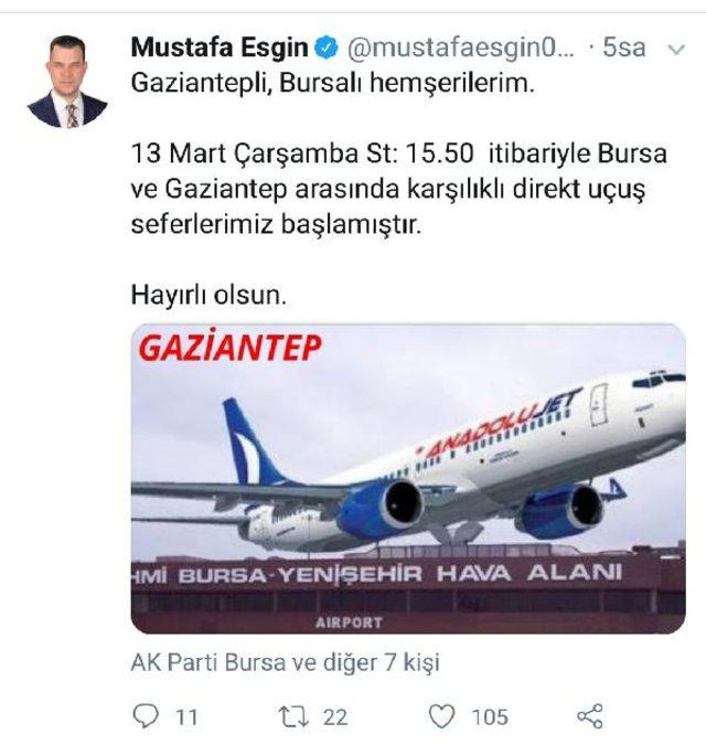 Bursa ve Gaziantep arasında karşılıklı direkt uçuşlar 13 Mart'ta başlıyor