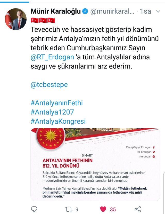 Cumhurbaşkanı Erdoğan'dan Antalya'ya fetih kutlaması