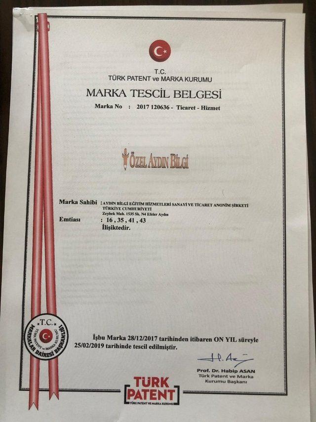 Özel Aydın Bilgi Eğitim Kurumları markasını tescilledi