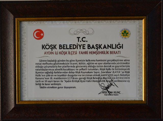 Başkan Kılınç’tan Köşk Kaymakamı Kaya’ya fahri hemşerilik beratı