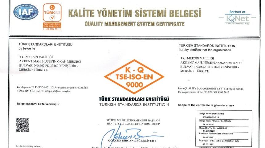 Mersin Valiliği, Kalite Y&ouml;netim Sistemi Belgesi almaya hak kazandı