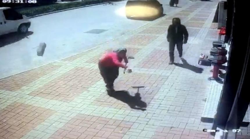 Kasap &ouml;n&uuml;nde kemik bekleyen k&ouml;peğe, parke taşıyla saldırdı