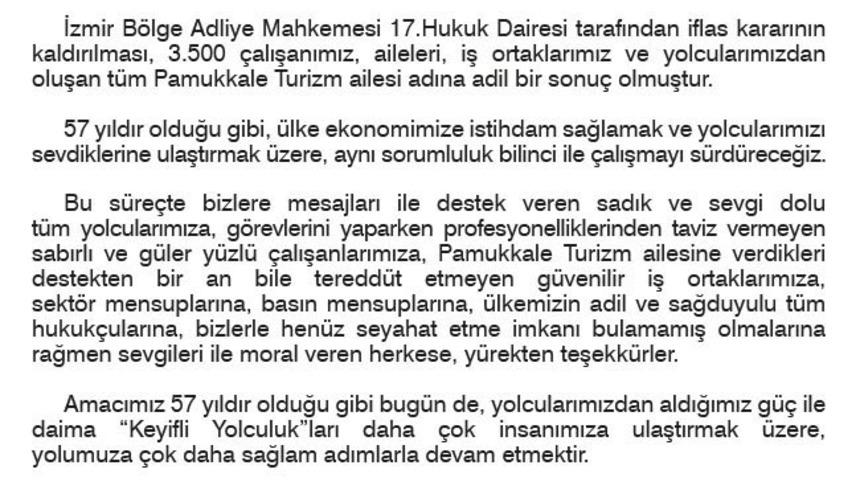 Pamukkale Turizm hakkında verilen iflas kararı bozuldu