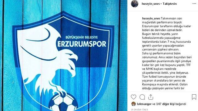 BB Erzurumspor Başkanı Üneş’ten hakem kararlarına tepki