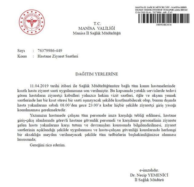 Manisa’da hasta ziyaret saatleri kaldırıldı