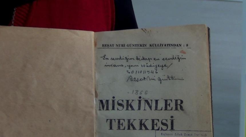 Reşat Nuri G&uuml;ntekin&rsquo;in, eşi i&ccedil;in imzaladığı kitap, lise deposunda bulundu