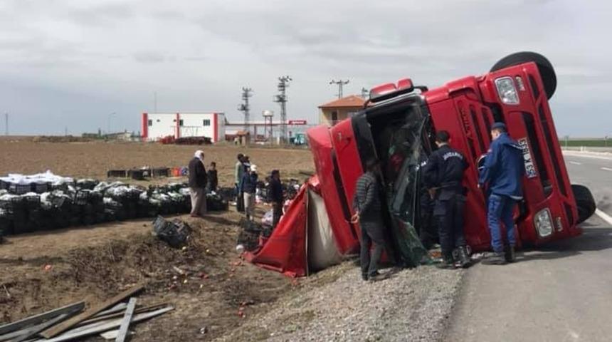 Köpeğe çarpmamak için manevra yapan tır devrildi