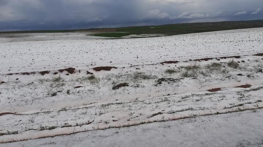 Dolu yağışı k&ouml;yleri beyaza b&uuml;r&uuml;d&uuml;