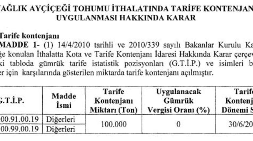 RG - Yağlık ayçiçeği tohumu ithalatına "sıfır gümrüklü" tarife kontenjanı
