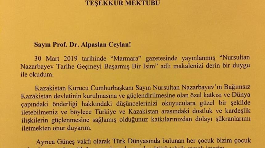 Kazakistan B&uuml;y&uuml;kel&ccedil;iliğinden Prof. Dr. Ceylan&rsquo;a teşekk&uuml;r mektubu