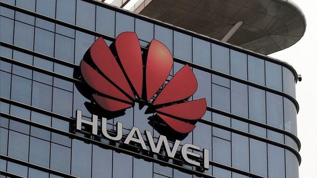The Huawei logo is pictured outside its Huawei