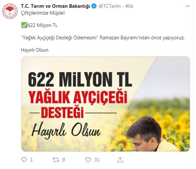 Çiftçiye 3 milyar 447 milyon TL destek ödemesi