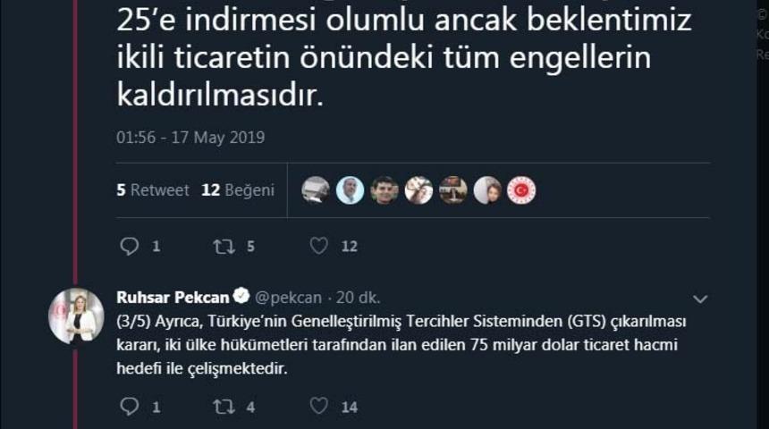 Bakan Pekcan: ABD'nin çelik ithalatında vergileri yüzde 25 indirmesi olumlu