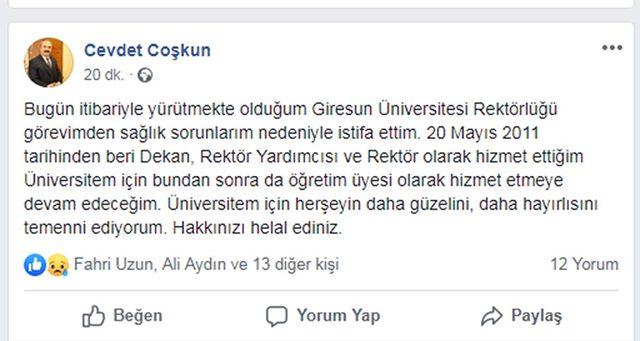 Giresun Üniversitesi Rektörü Coşkun, istifa etti