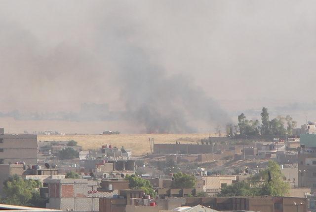 Suriye'de tarlada çıkan yangın, Nusaybin'den görüntülendi