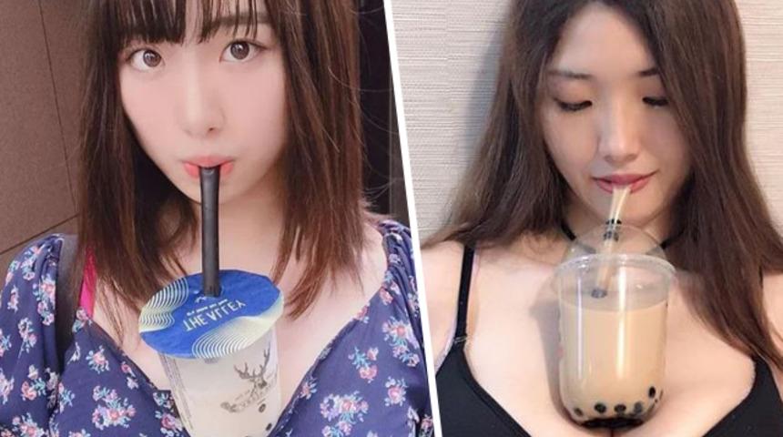 Yeni trend: Bubble Tea Challenge! Bardakları oralarına sıkıştırıp paylaşıyorlar