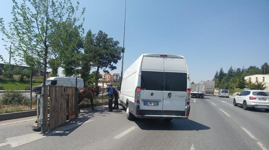 Kontrolden &ccedil;ıkıp devrilen at arabası trafiği birbirine kattı