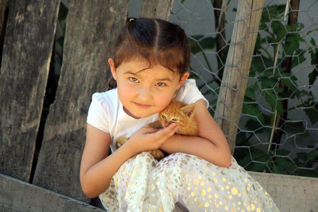 Minik Azra, selden kurtardığı yavru kediye 'Pamuk' adını verdi