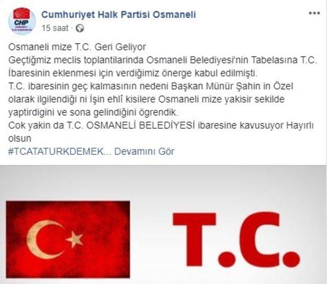 Osmaneli Belediyesi tabelasına ’T.C.’ ibaresi ekleniyor