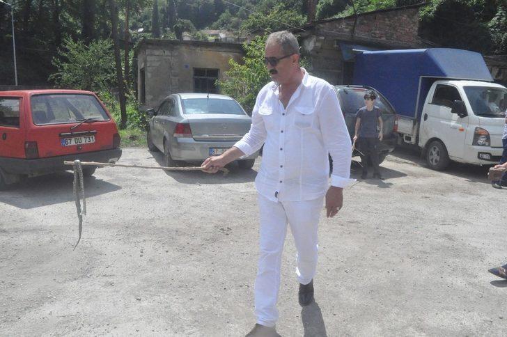 Mahalle arasında ortaya çıkan 3 metrelik su yılanı dereye bırakıldı G5