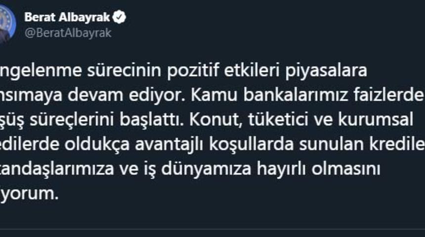 Bakan Albayrak: Kamu bankalarımız faizlerde düşüş süreçlerini başlattı