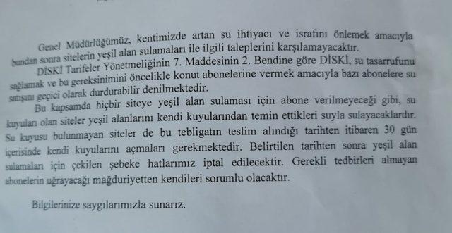 DİSKİ, sitelerin yeşil alanlarını sulamama kararı aldı