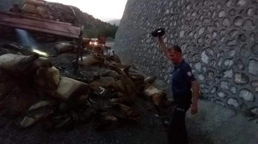 Ay &ccedil;ekirdeği y&uuml;kl&uuml; kamyon yandı