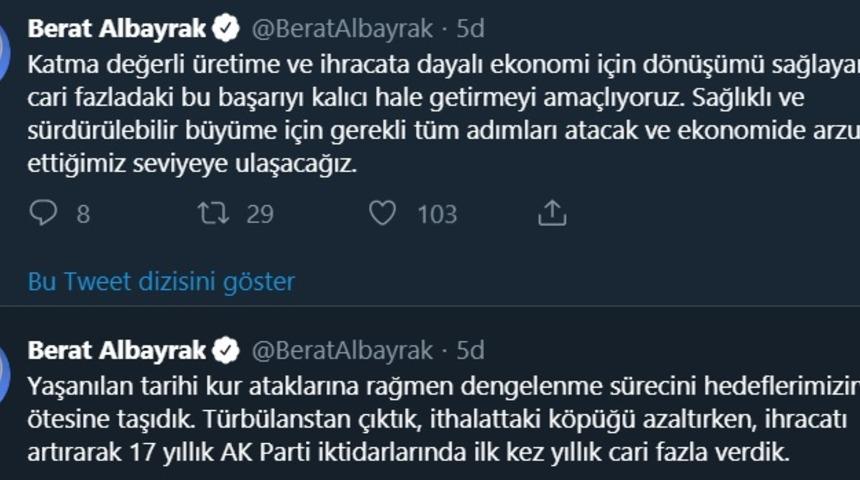 Bakan Albayrak: İlk kez yıllık cari fazla verdik