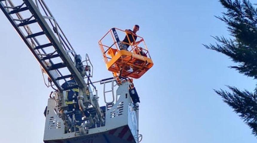 Denemek istemişlerdi! 20 metrelik vinçte mahsur kaldılar