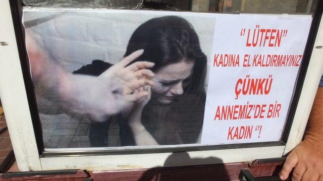 Simitçiden kadına şiddete pankartlı tepki