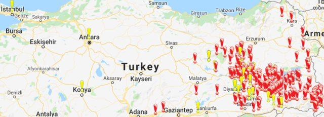 İnsan Hakları Derneği, Türkiye'deki toplu mezarlara dair bir harita çalışması yapmıştı. Haritadaki sarı ünlemler açılmış toplu mezarları, kırmızı ünlemler ise toplu mezar iddiası olan fakat henüz araştırılmamış yerleri gösteriyor
