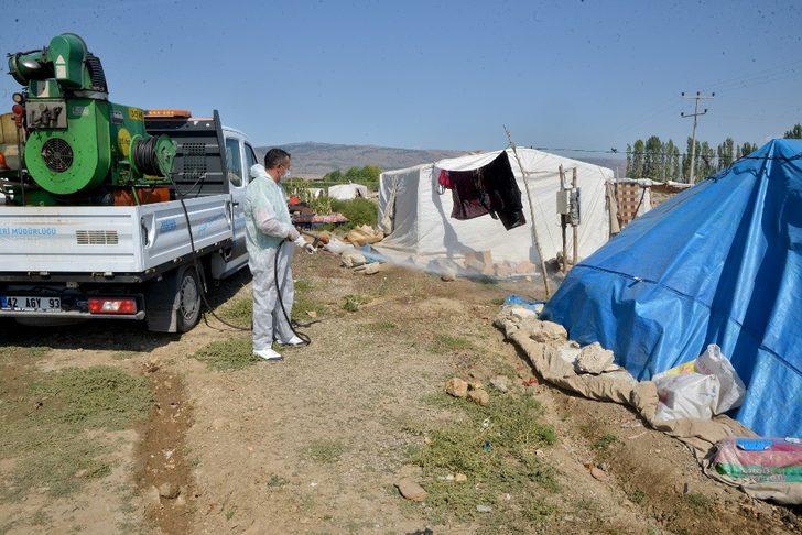Tarım işçilerinin çadırları ilaçlanıyor