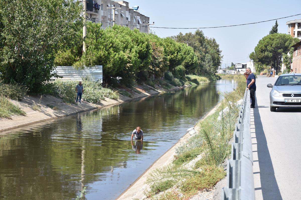 İzmir'de vatandaşlar kanaldaki &ouml;l&uuml; balıkları topladı