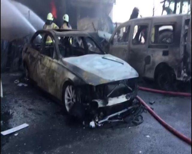 Tuzla'da fabrika yangınında yanan araçların görüntüsü